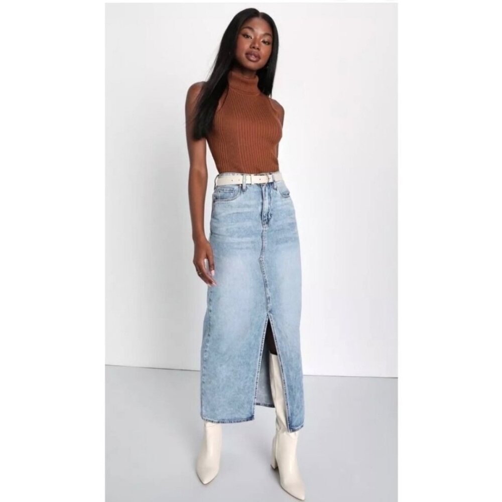 Blank NYC Blue Denim Maxi Skirt with Front Slit